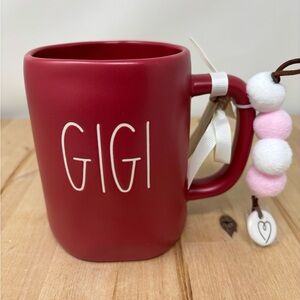Rae Dunn GIGI Mug Red with White Lettering & Pom Pom Decor on Handle New